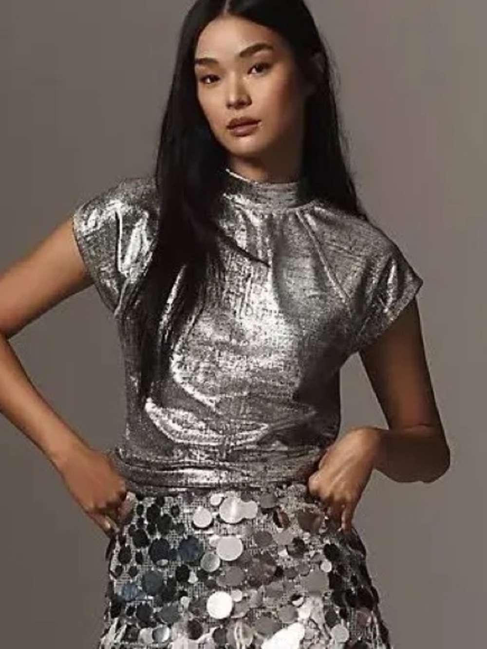 PILCRO Mock Neck Cap Sleeves Metallic Silver Top Size S